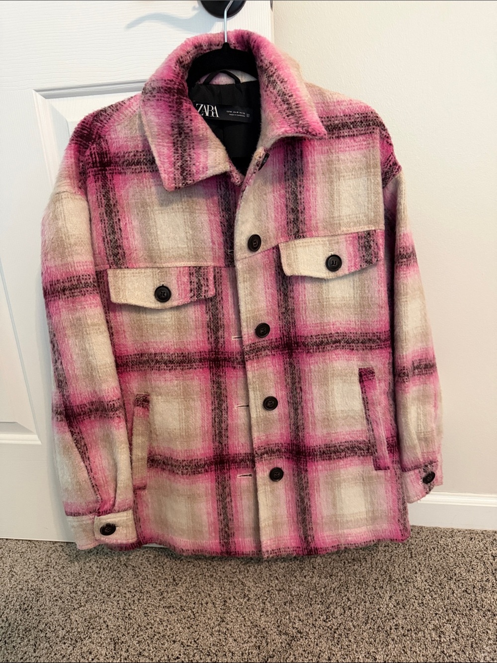ZARA Pink & Cream Plaid Shacket